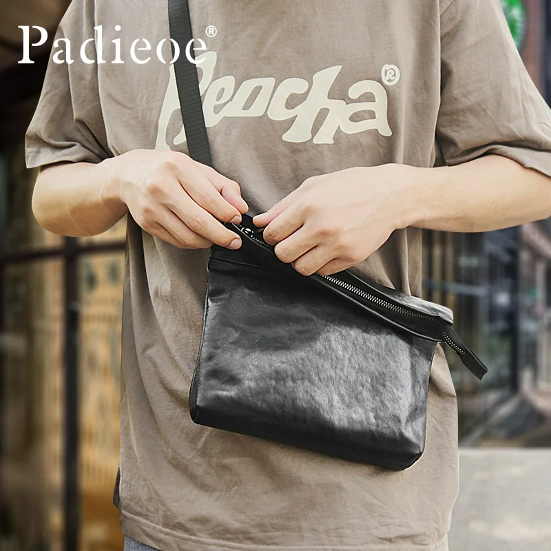 PADIEOE-bandolera de cuero de vaca para hombre, de gran capacidad bolso de hombro, mochila horizontal