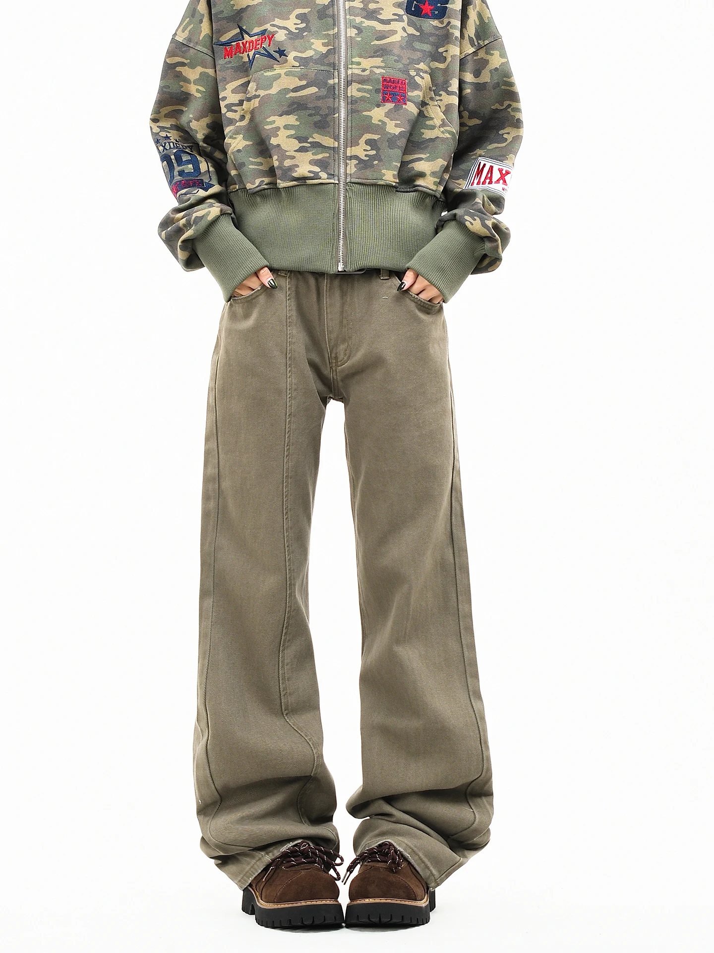 

OV Original American Retro Waed Coffee Micro Flared Casual Pants Women Slim Straight Leggings Apparent Slimming Cleanfit Lo...