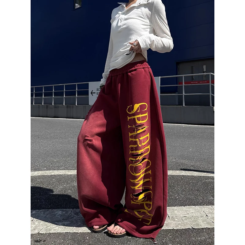 Women Red Baggy Letter Print Ripped Sweatpants Oversize Dance Pants Harajuku Aesthetic 2000s Style Vintage Y2k Wide Trousers 2 Women Red Baggy Letter Print Ripped Sweatpants Oversize Dance Pants Harajuku Aesthetic 2000s Style Vintage Y2k Wide Trousers 2
