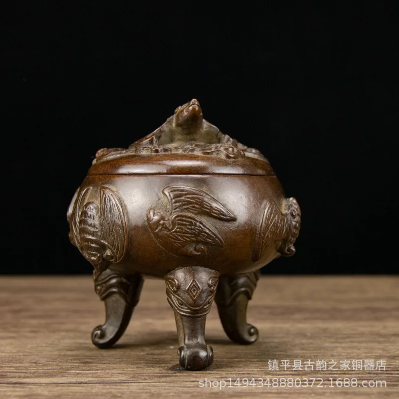 Pure Antique Three-Legged Wanfu Bat-Shaped Incense Burner Ornament Office Living Room Copper Decoration