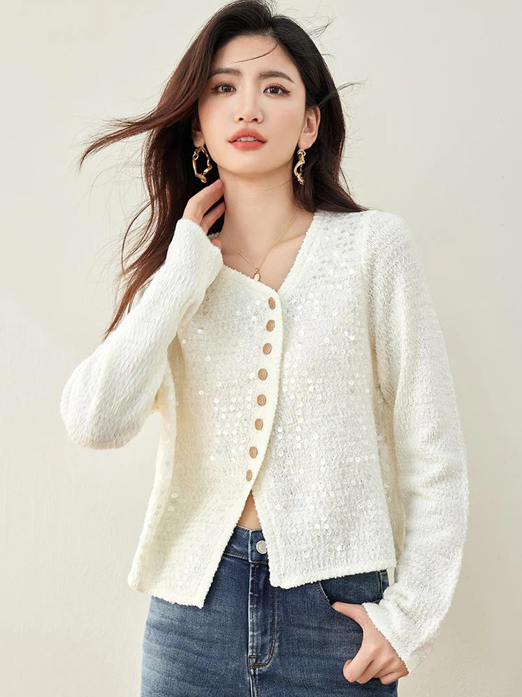 Fashion Sequin Knitted Cardigan 2024 Autumn New Irregular Design V-neck Button Loose Casual Cardigan Long Sleeved Sweater