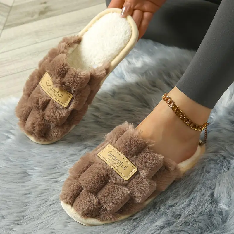 

Fluffy Women's Slippers Winter Plush Luxury Designer Woman Shoes Indoor Casual Fuzzy Fur Slides Flats Fashion Elegant Footwear