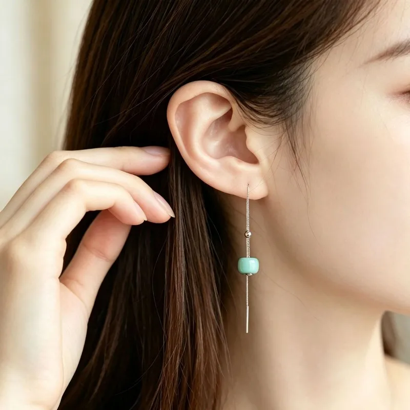 S925 Silver Enhanced Turquoise Adjustable Thread New Style Women'S Earrings