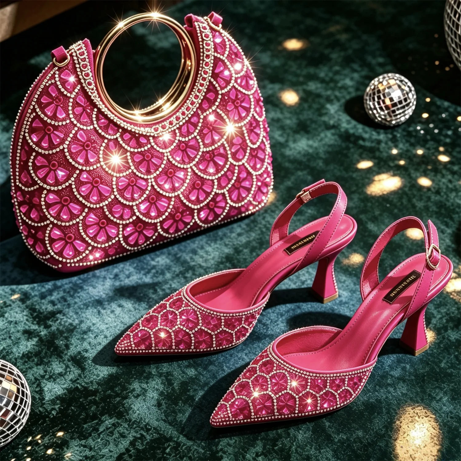 Elegantes Zapatos de Tacón de Satén Fucsia con Punta Puntiaguda y Detalles de Pedrería y Bolso de Mano a Juego - Estilo Italiano y Diseño Chic