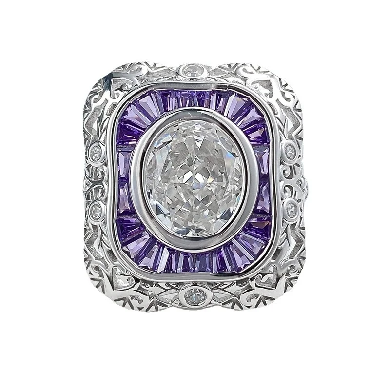 

Vintage 925 Silver Fancy Cut G Color High Carbon Oval Diamond Ring Purple Sapphire Cushion Finger Band Luxury Jewelry Women Gift