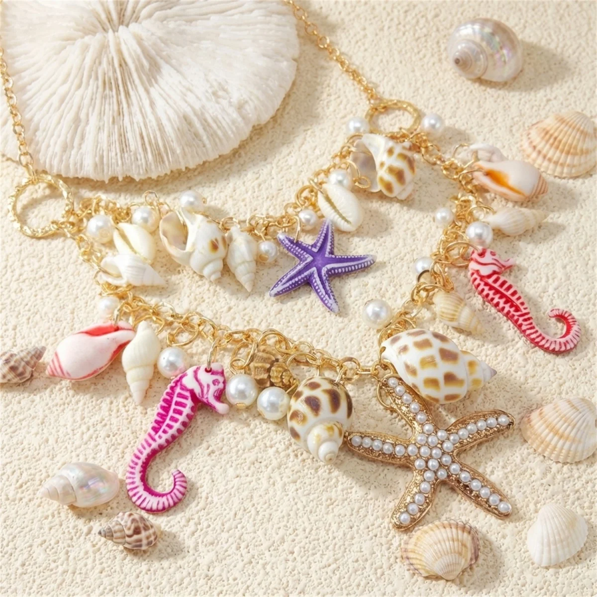 Sommerliche, extravagante, farbenfrohe Anhänger-Halskette mit Seestern, Muschel und Seepferdchen aus Kunstharz für Damen und Herren, Ozean- und Strandmotiv, Meerestier-Choker-Schmuck – Detail 21