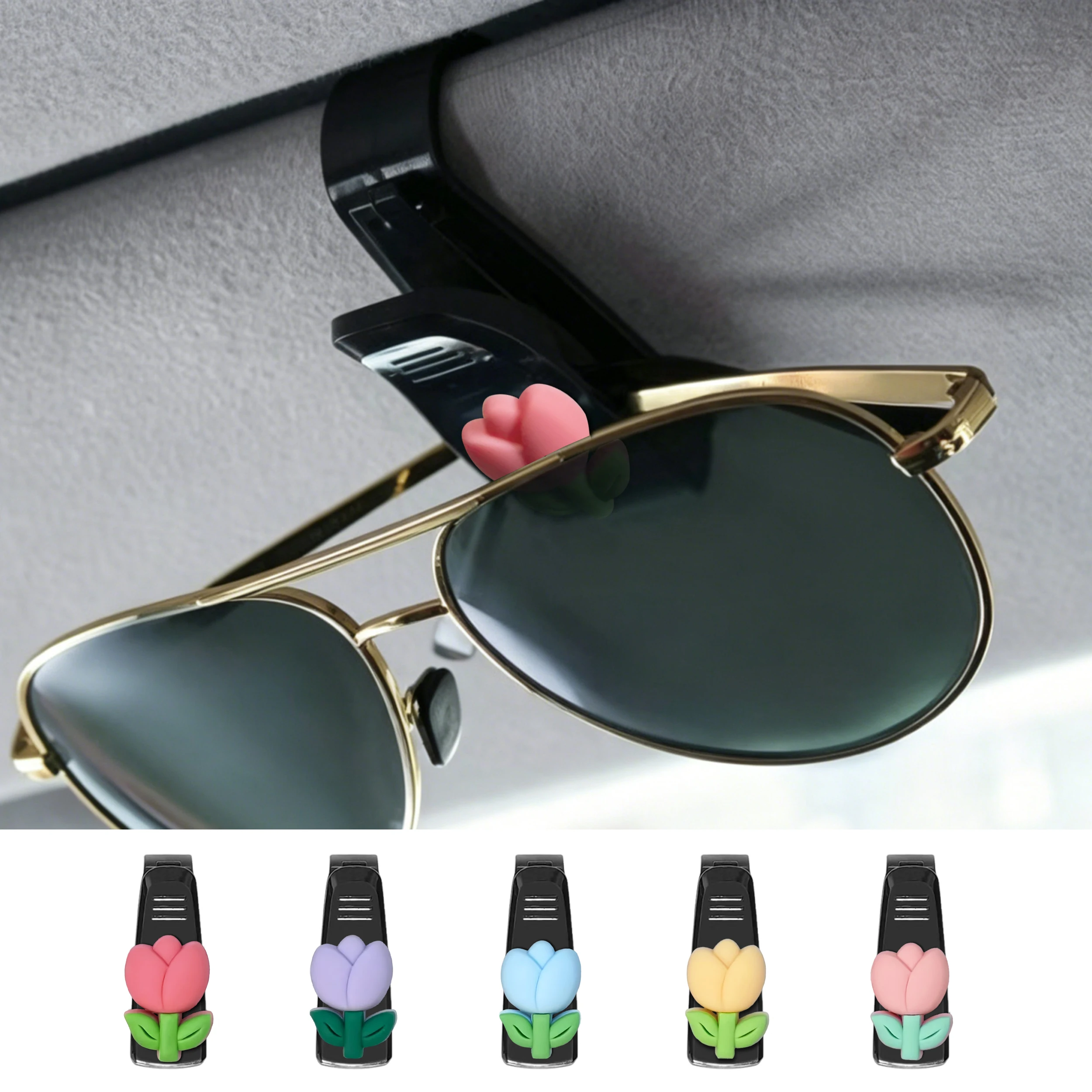 5Pcs Set Tulip Shaped Sunglass Holder For Car Sun Visor Cute Automotive Visor Accessories For Eyeglass Storage Car Interior Deco