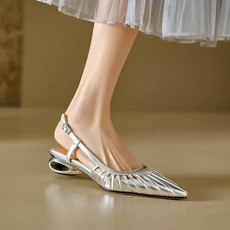 New 2024 Spring and Summer Women\'s Pointed Toe Lov Heel Shoes Strap Gold Silver High Heel Sandals Versatile Slingback High Heels