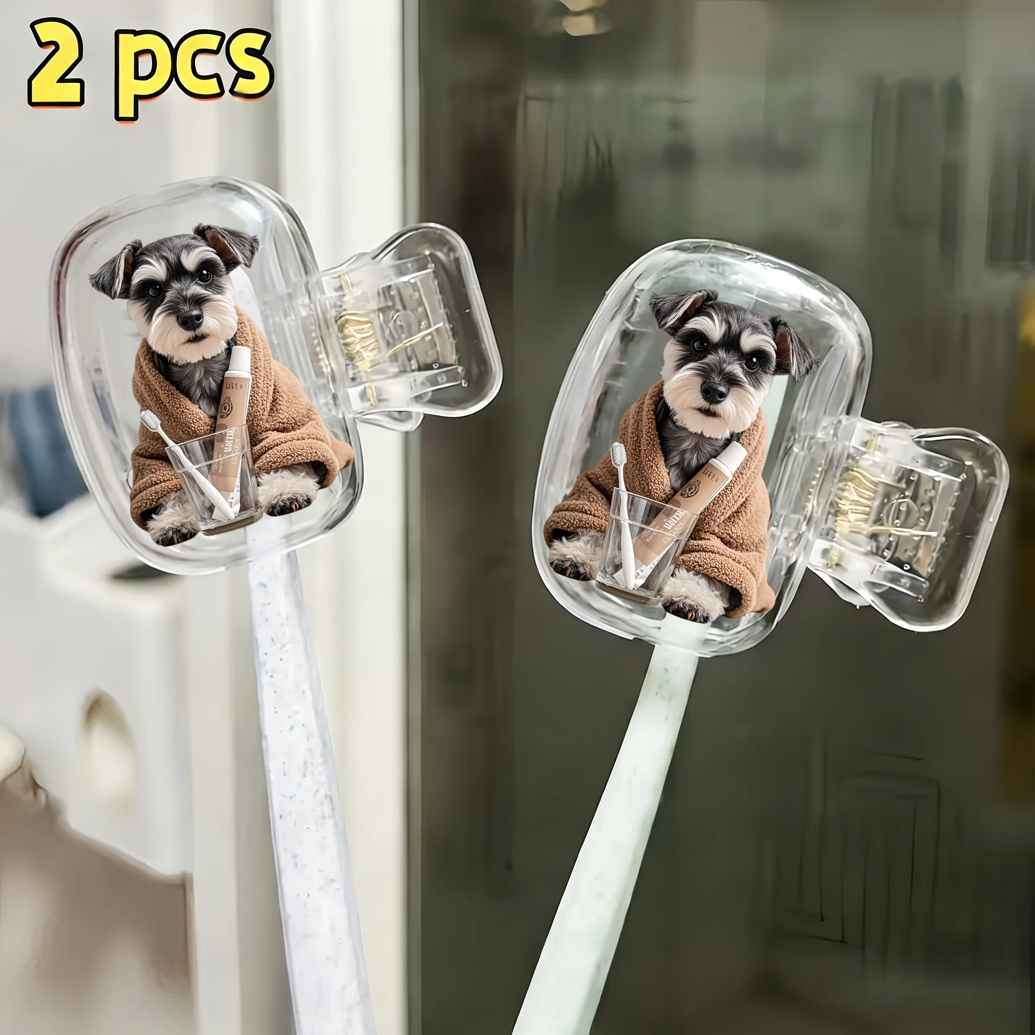 2pcs Schnauzer Dog Wearing a Bathrobe with a Toothbrush Set Portable Toothbrush Head Cover Ideal Holiday Gift Birthday Gift