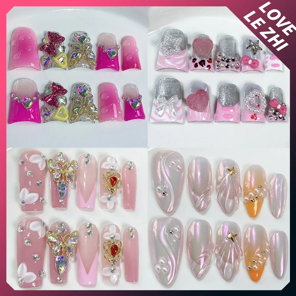 

Y2K Spice Girl Duck-Bill Long Coffin Almond French Handmande False Nails Sparkling Diamond Pearl Flowers Wearable False Nails