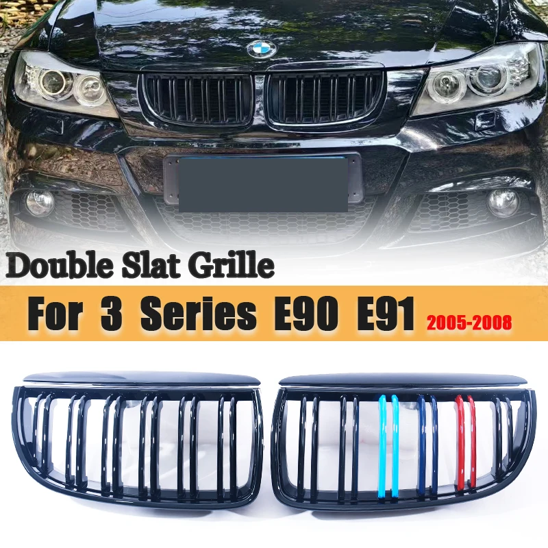 Parrilla delantera de doble listón para BMW Serie 3 E90 Pre-LCI 2005-2008, negro mate brillante, mitad carbono, marco plateado estilo M