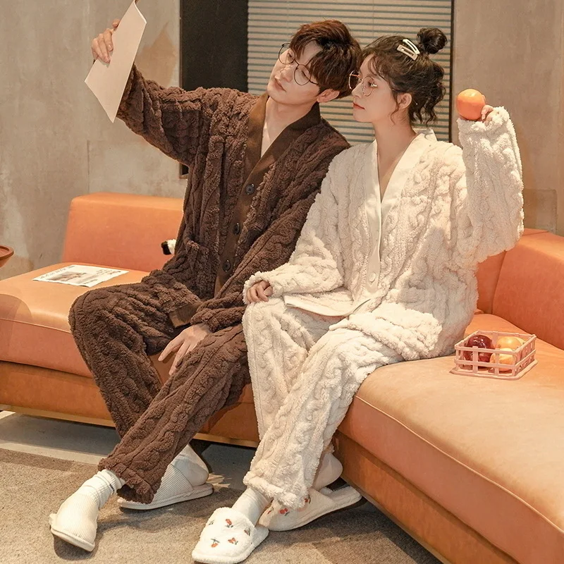 Korean Fashion Flannel Sleepwear for Couples Winter Warm Nightwear Women and Men Kimono Pajamas Set Coral Fleece Homewear