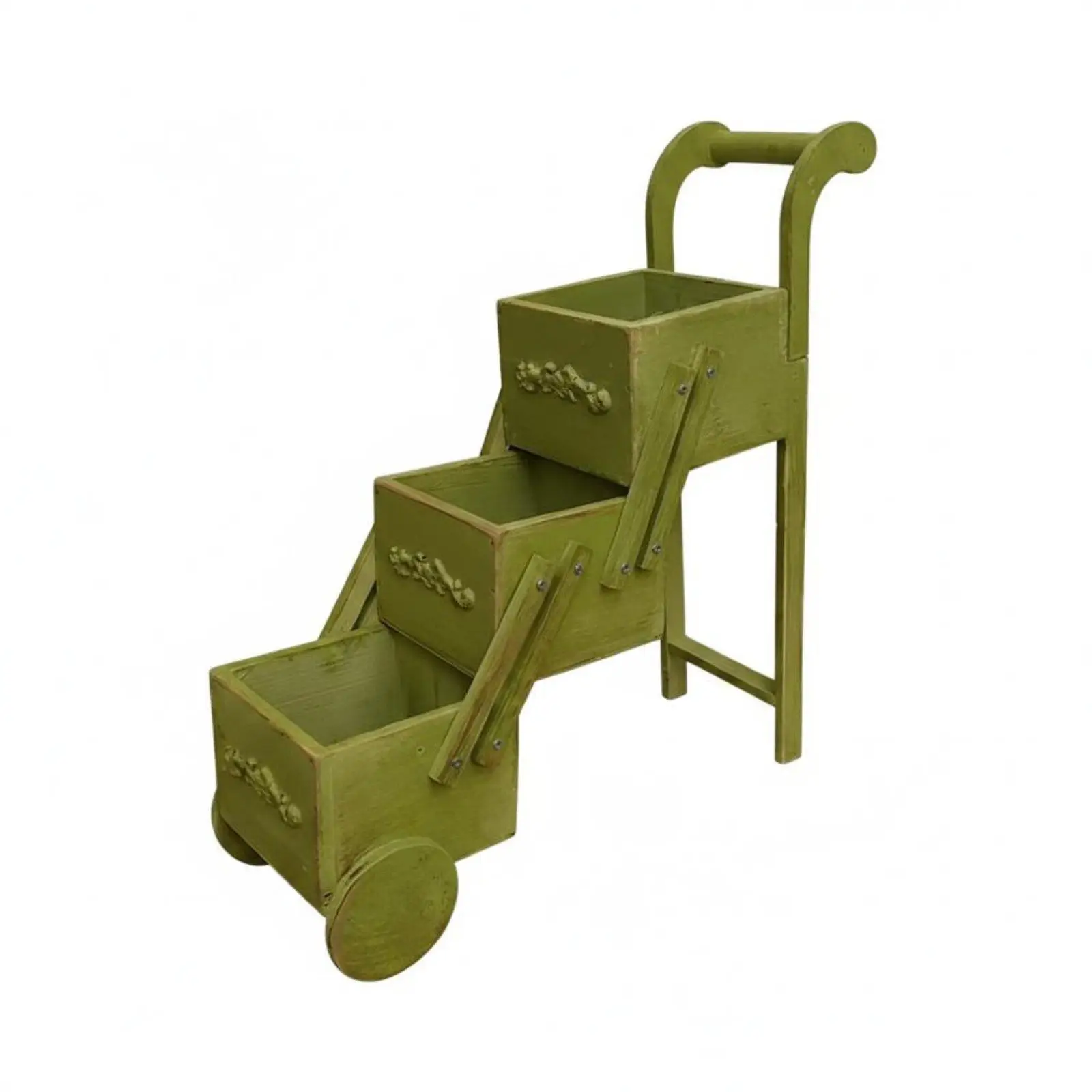 Vintage Mini Pushcart Planter Solid Wood 3-Tier Wooden Planter Cart Distressed Finish Rustic Tiered Storage Trolley for Garden,