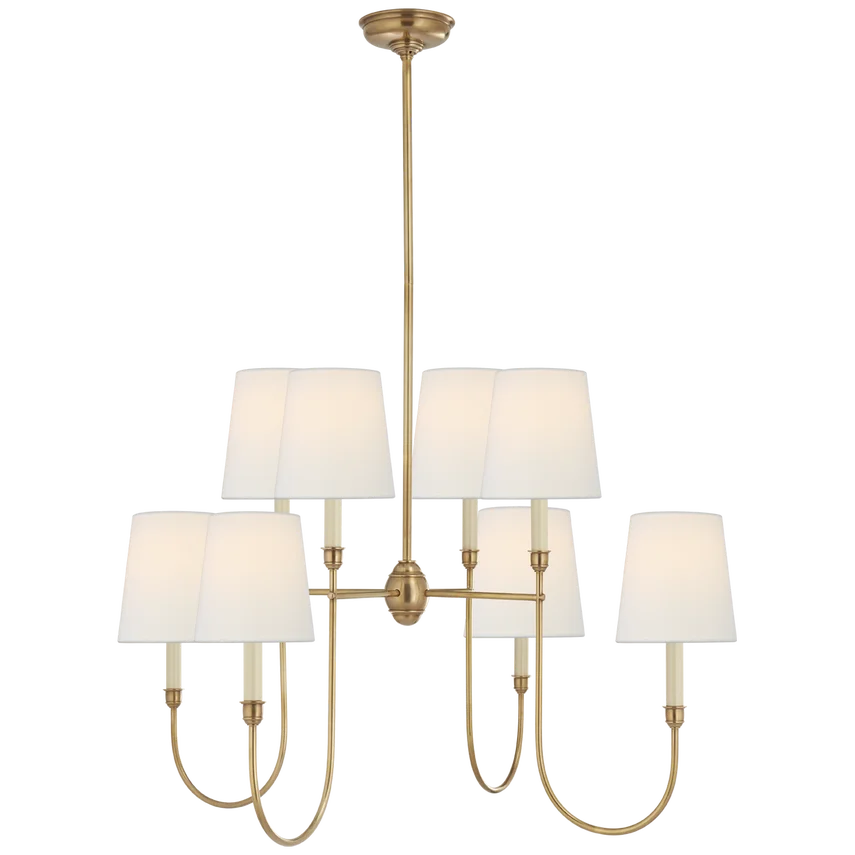 

Classic American Living Room Brass Pendent Light Linen Lampshade Piaf Grande Chandelier