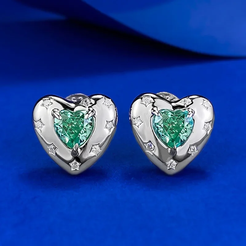 

2024 S925 sterling silver new Paraiba 5 * 5 heart-shaped earrings fashionable commuting style hot selling accessory