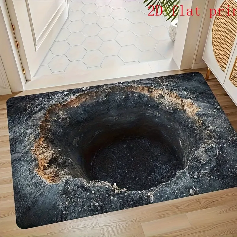 Funny Optical Illusion Doormat Realistic Deep Hole Dirt Rock Pattern for Indoor Entrance Household Floor Carpet