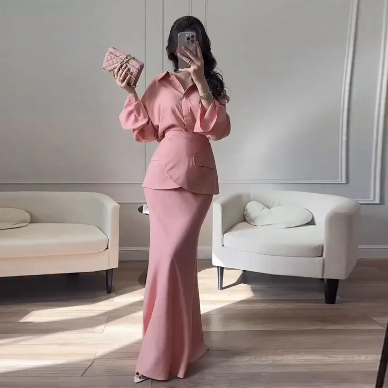 

Элегантный женский комплект из 3 предметов с юбкой, рубашка с длинным рукавом, макси-юбка русалки, костюм, офисные женские наряды