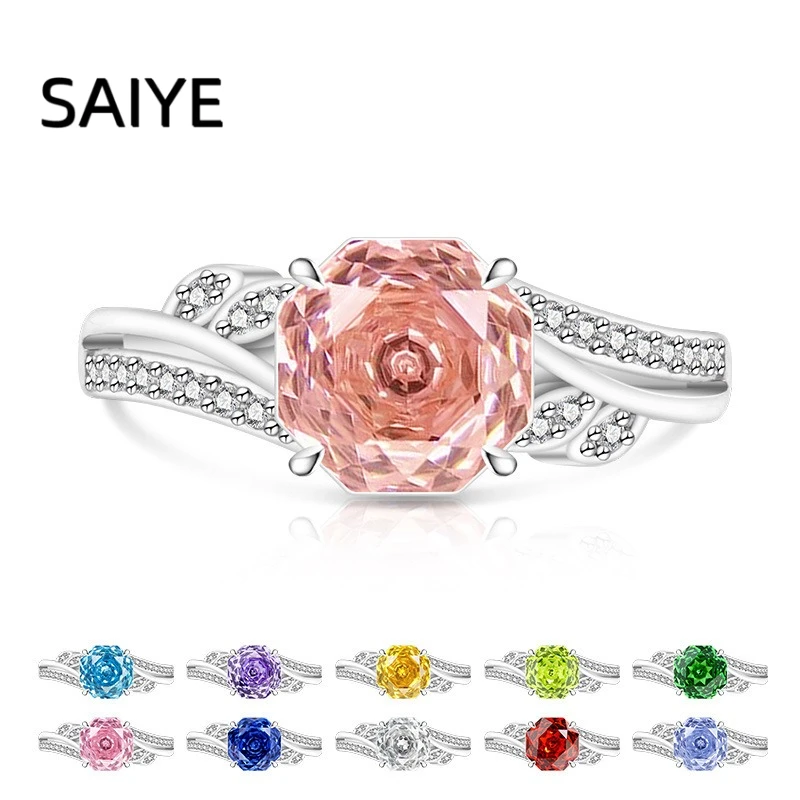 925 Sterling Silver Women Ring Rose Flower Cut Multi Color CZ Twisted Split Shank Paved Band Statement Fine Jewelry Gift