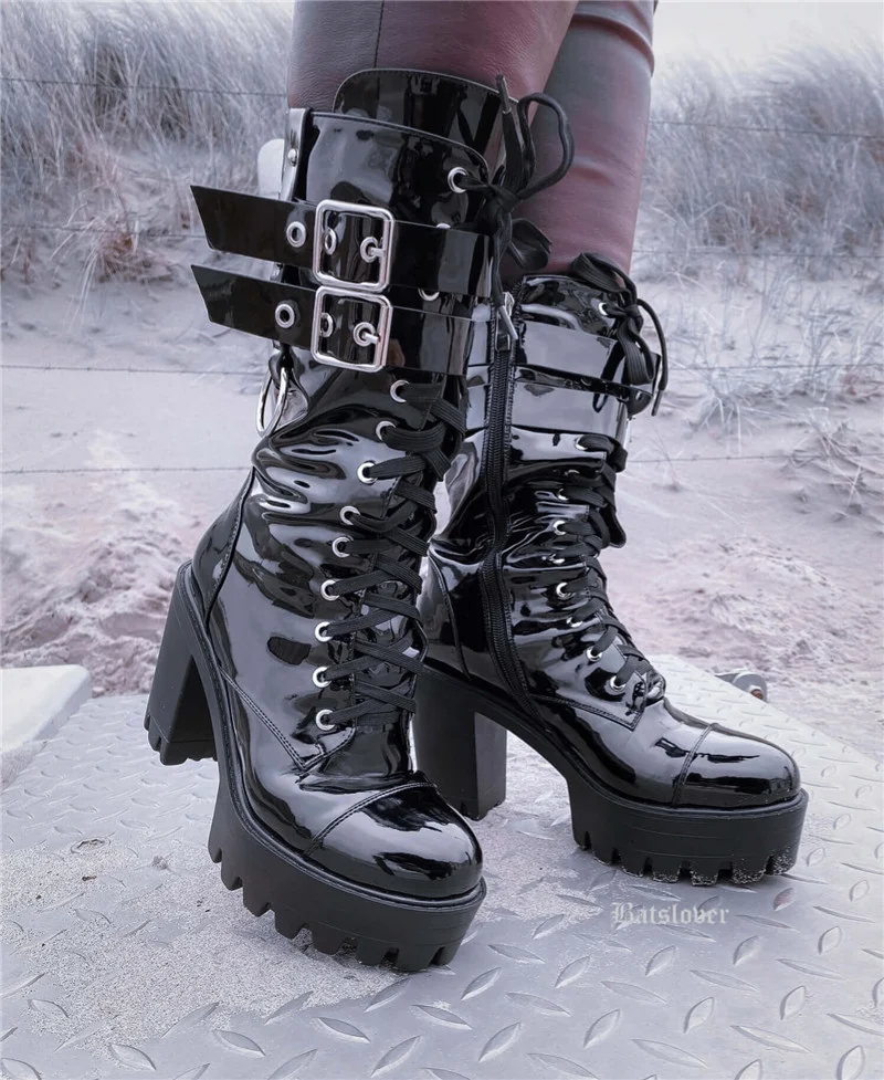 Onlymaker Women Black Platform Punk Boots Patent Leather Lace Up Mid Calf Chunky High Heels Side Zip  Motorcycle Boots