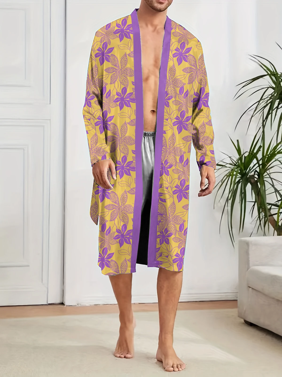 Trendy men's long robe for home comfort,spring autumn quick drying leisure and entertainment,digital printing,fun sleeping robe.