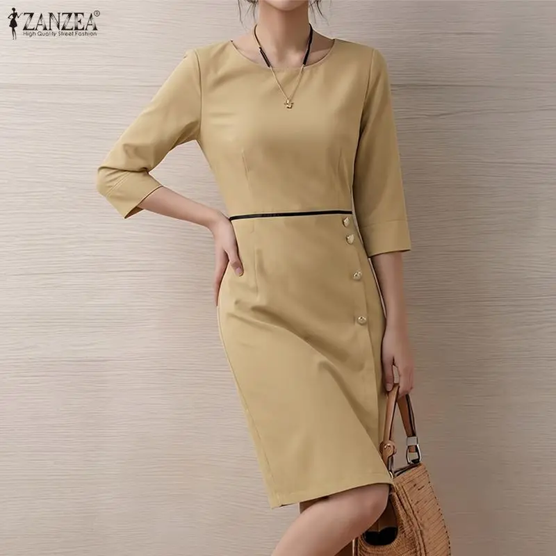 Elegant Work OL Dress Casual Loose Round Neck Knee-Length Vestidos 3/4 Sleeve Patchwork Sundress ZANZEA 2026 Collect Waist Robe