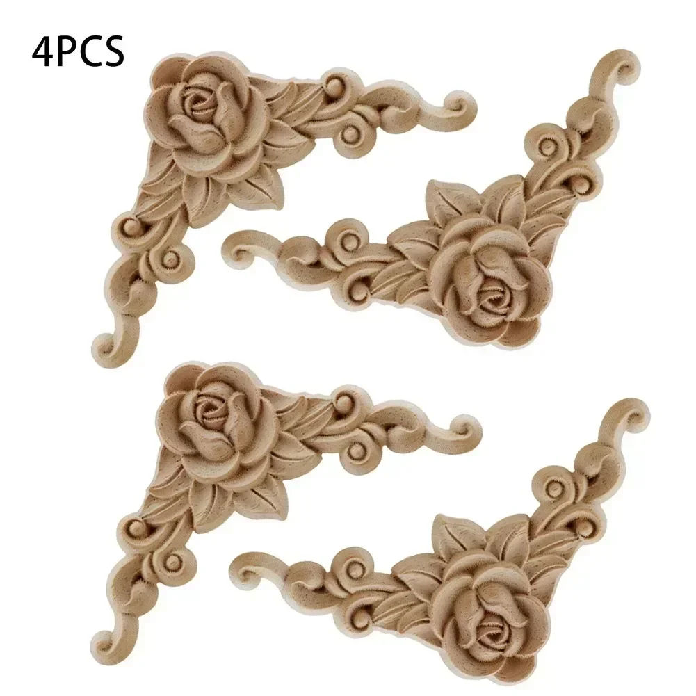 4pcs Wooden Carved Corner Onlay Applique Furniture Mouldings Decal Decor Furniture Window Corner Wood Applique Onlay Wood Figuri