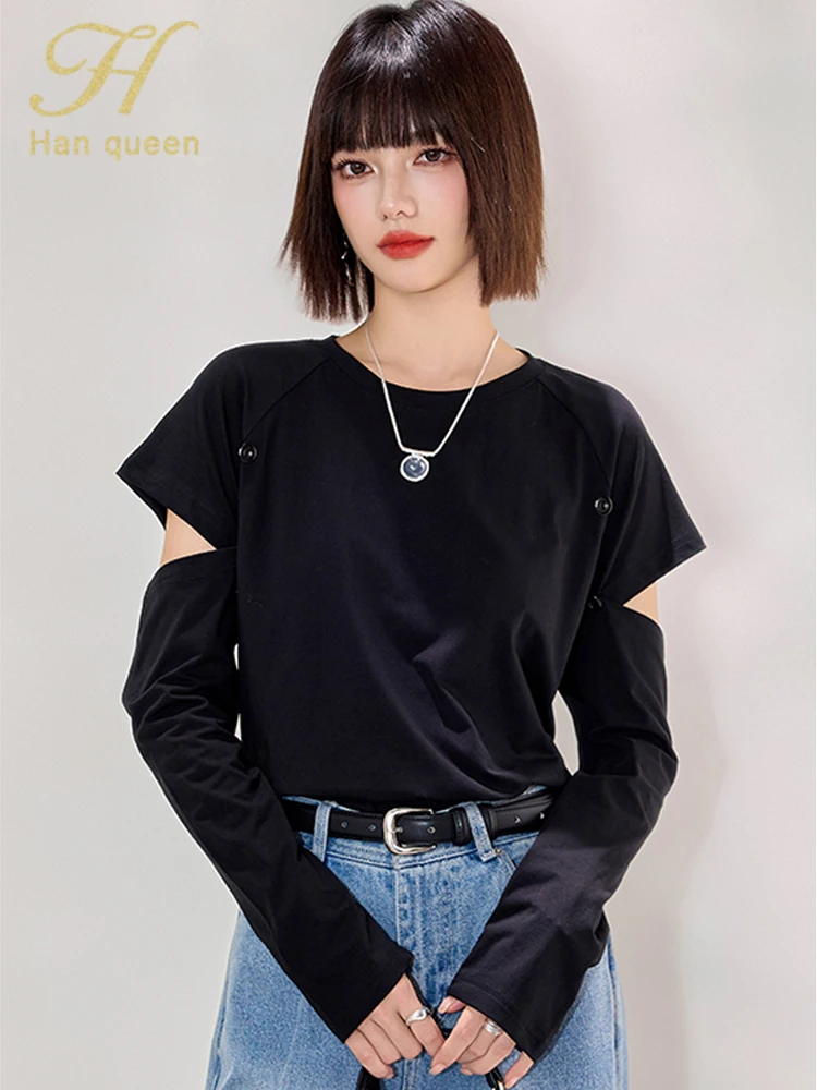 

H Han Queen Autumn Woman Clothing Black Long Sleeve Tee Fashion Simple Basic T-Shirt O-Neck Chic Loose Korean Tops Women 2025