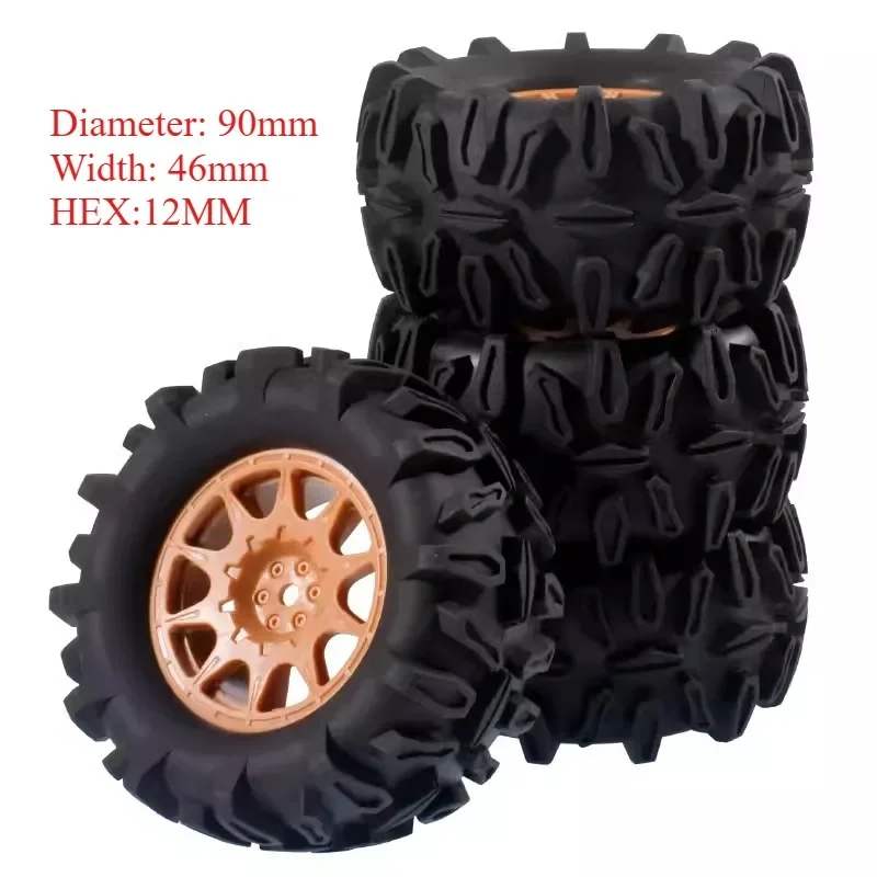 4PCS 90mm RC Monster Truck Tires Wheels 12mm Hex for Trxs E-Revo MJX 16207 16208 1/16 HBX Upgrade Parts Off-Road Buggy