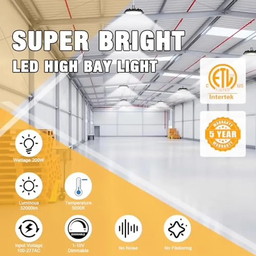 200W High Bay LED Light 32,000LM 160LM/W عكس الضوء IP65 5FT كابل معلق هوك حبل آمن