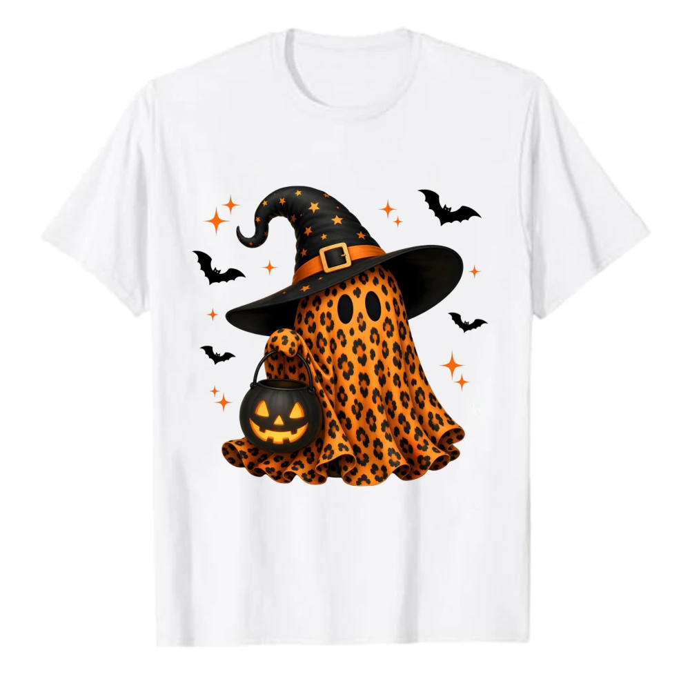 Leopard Print Ghost T‑Shirt Witch Hat Pumpkin Trick‑or‑Treat Bucket Bat Glitter Star Retro Wild Spooky Season Cotton Casual Tops