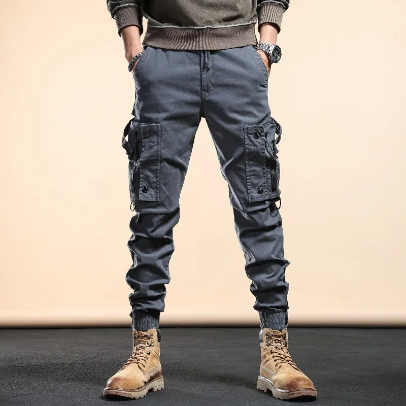 American Vintage Multi-pocket Cargo Pants Men Tide Brand Loose Straight Trouser Drawstring Wide Leg Casual Baggy Pants New