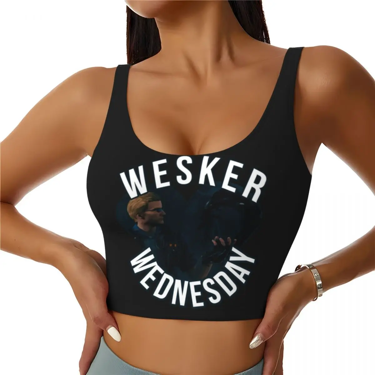

Custom On Wednesdays We Wear Wesker Albert Women Sports Bra High Impact Vest Gym Workout Yoga Crop Tank Top