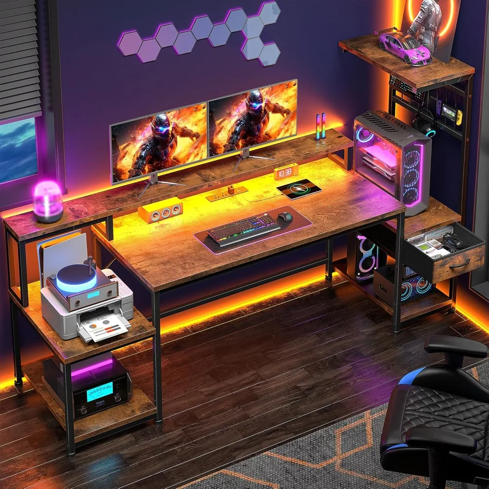 

55" Gaming Desk with LED Lights & Outlets,Computer Desk with Drawers & Monitor Stand,Gaming Table with Storage Shelves & Printer