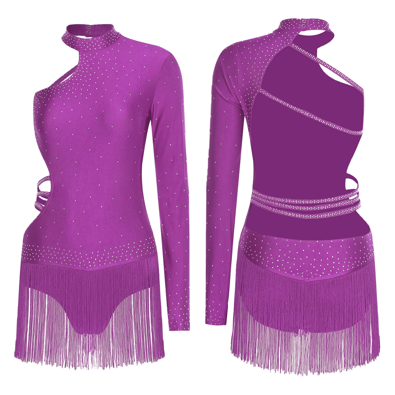 Womens Latin Jazz Dance Leotard Dress Single Long Sleeve Ballerina Costume with Strappy Backless Tassel Design Skirted Bodysuit