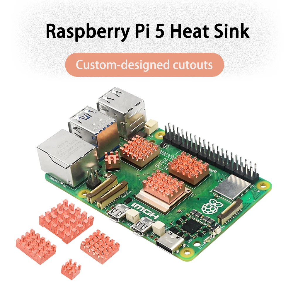 Kit Pendingin Raspberry Pi 5 Pendingin Tembaga Murni Set Pendingin CPU 4-Piece Untuk Raspberry Pi 5 Dengan Perekat Teraplikasikan