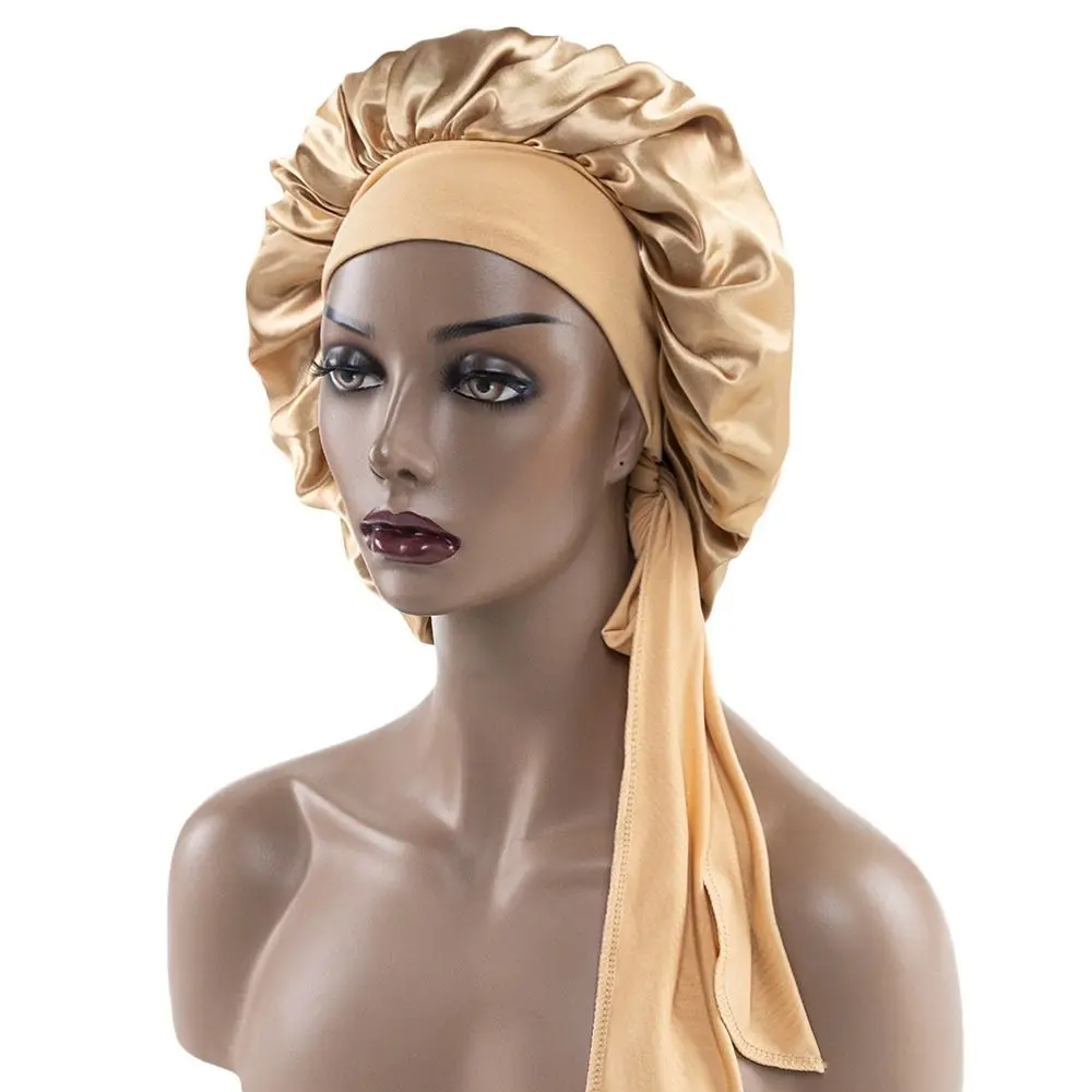 ผ้าโพกหัวปรับได้ผ้าโพลีเอสเตอร์สำหรับผู้ชายและผู้หญิงผ้าคลุมหัวผ้ายีเอสเตอร์ Topi Bonnet ซาตินผ้าไหมแฟชั่น
