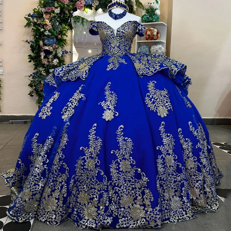 

Sparkly Royal Blue Quinceanera Dresses Off Shoulder Sequin Gold Appliques Lace Pearl Corset Ball Gown Party Birthday Dress Vesti