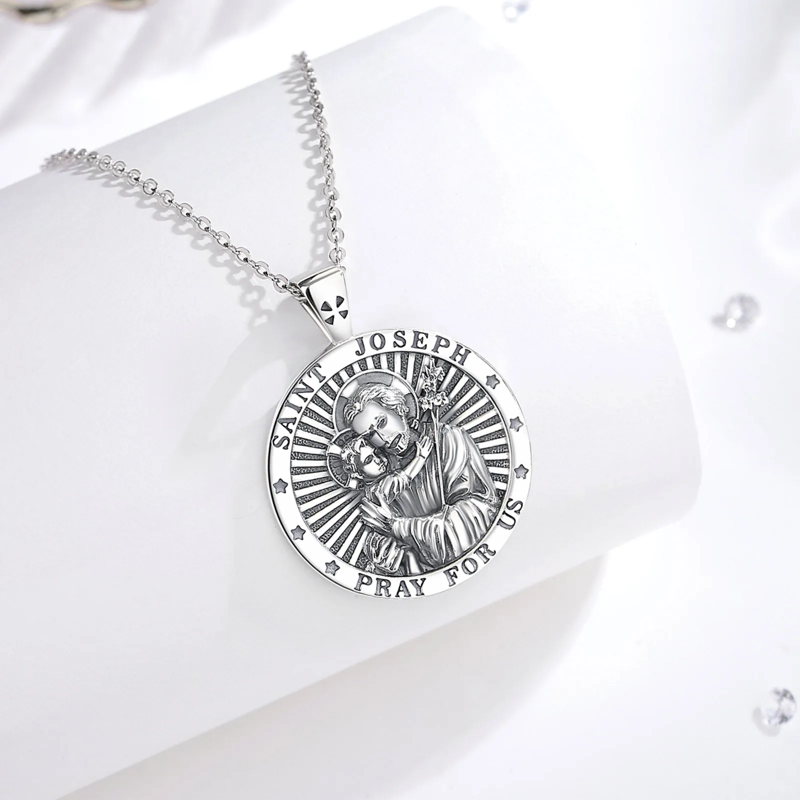 Eudora New 925 Sterling Silver Saint Joseph Necklace Religious Amulet Pendant Vintage Jewelry Men Women Personality Gifts