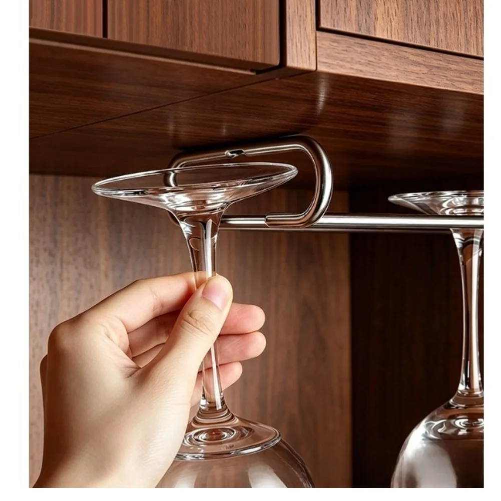 1pcs Adjustable Under Cabinet Glass Rack Cold Rolled Steel Hanging Cup Holder For Stemware Wine Glasses Kitchen Organization