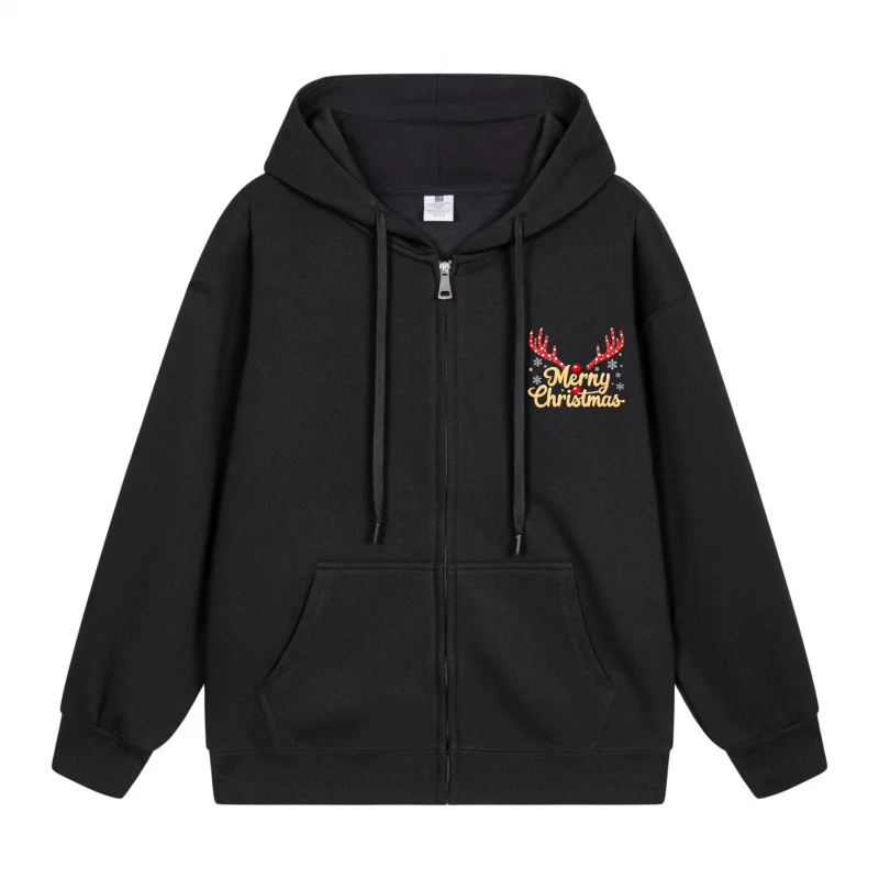 

Men's Zip-Up Hoodie Black Hoodie Red Reindeer With Antlers And Merry Christmas Text Christmas in 2025 Festive Print