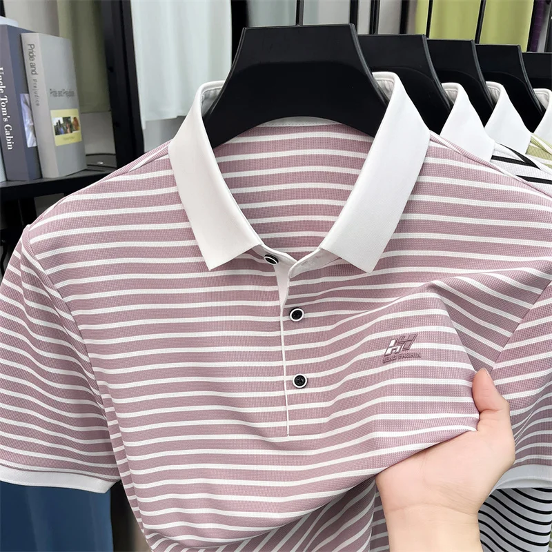High end brand ice silk short sleeve polo shirt comfort breathable summer striped men's T-shirt new fashion embossed casual top