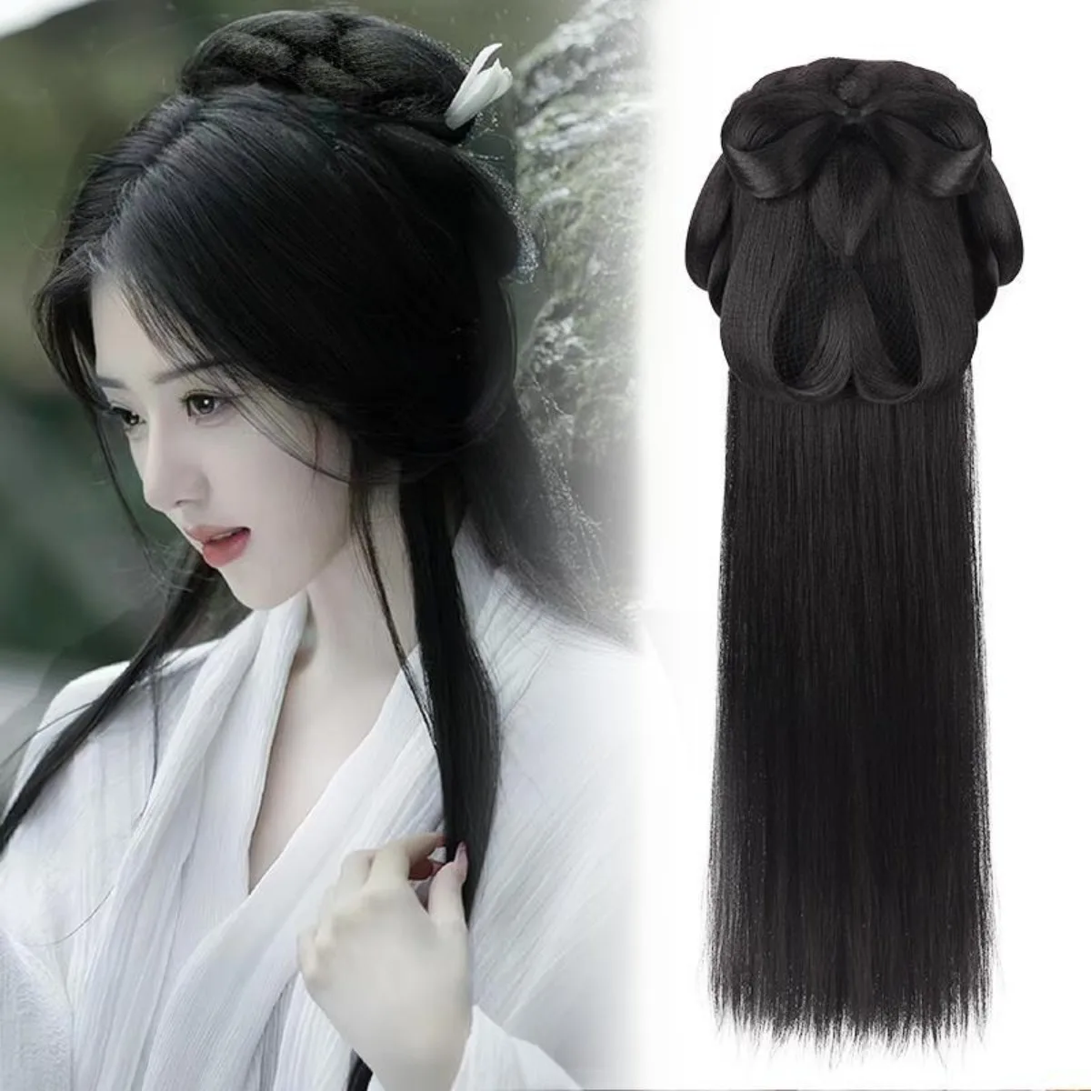 Wei Jin Dynasty Hanfu Wig Integrated Warring States Robe Volume Pad Updo Hair Bun Ancient Style Headwear Women Cosplay