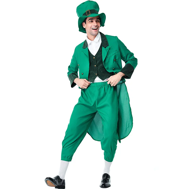 Man St. Patrick's Day Irish Leprechaun เครื่องแต่งกายคอสเพลย์สีเขียวอีสเตอร์อังกฤษ St. Parik เทศกาลนักมายากลเครื่องแต่งกายแฟนซีชุด