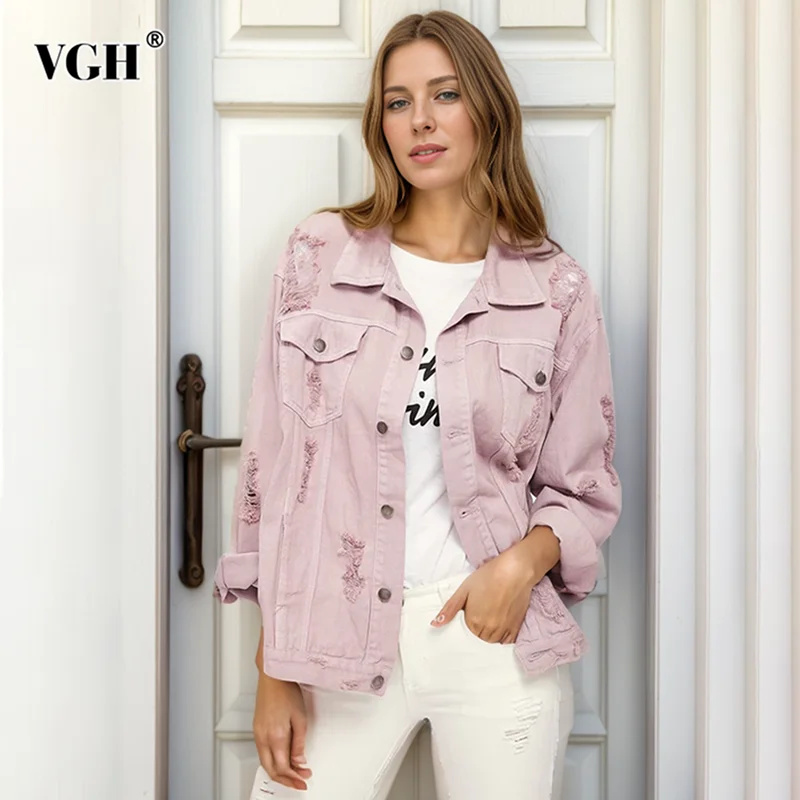 VGH Minimalist Soild Denim Jackets For Women Lapel Long Sleeve Patchwork Single Breasted Casual Loose Coats Female Fashion Style