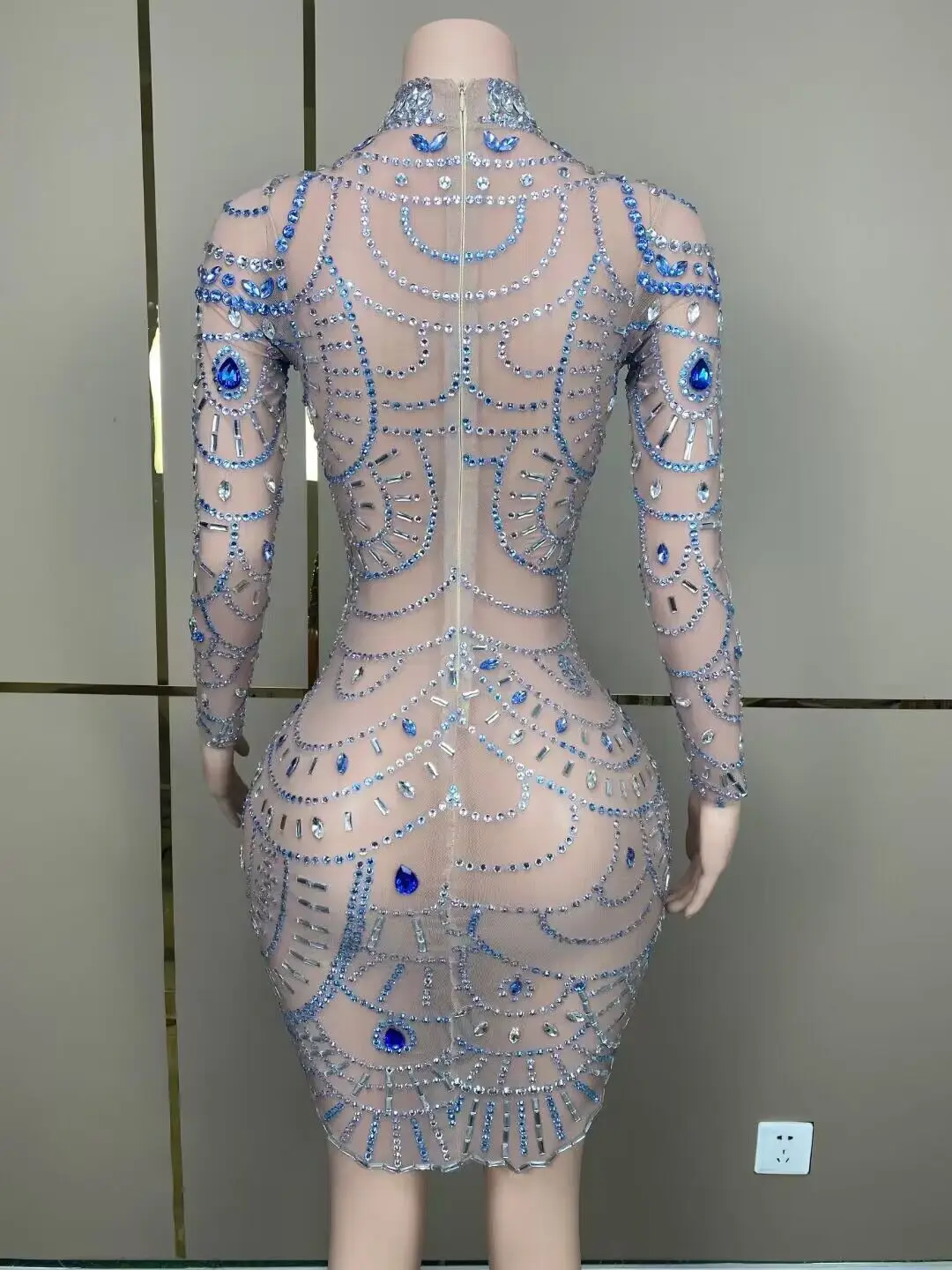 Vestido Midi de malha de manga comprida personalizado para mulheres, veja através do Bodycon, grande cristal, boate, festa, bar, traje de desempenho do cantor, sexy