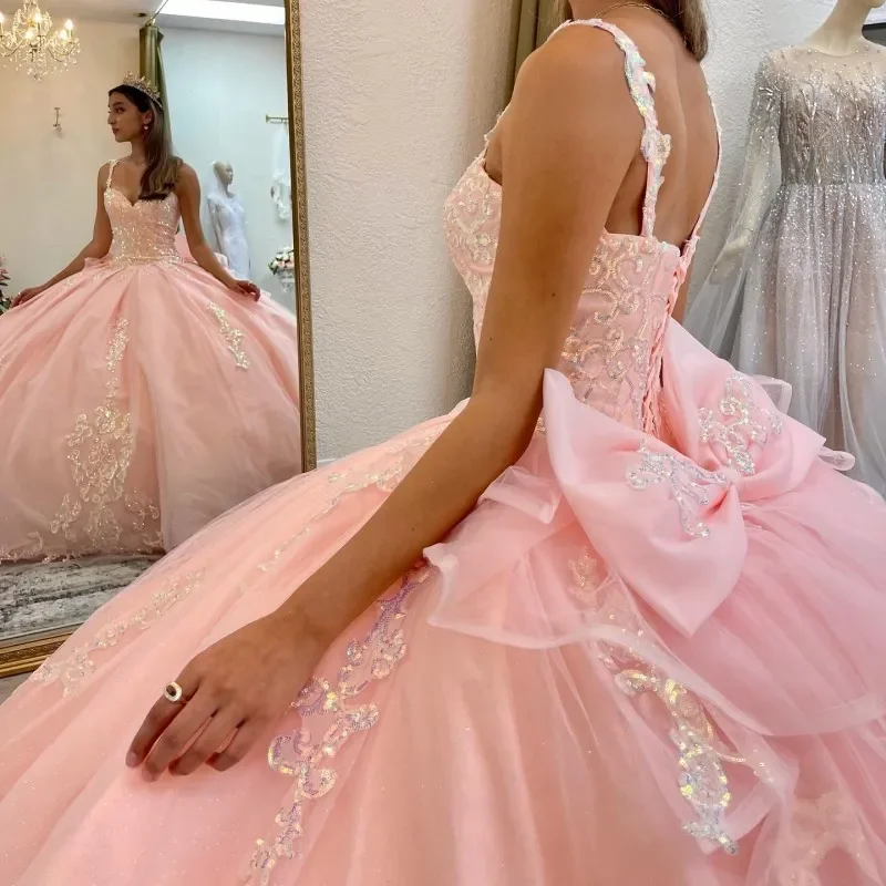 ANGELSBRIDEP-Vestido De princesa para quinceañera, Vestido rosa con tirantes finos, cuentas, apliques De flores, dulce 16 Años