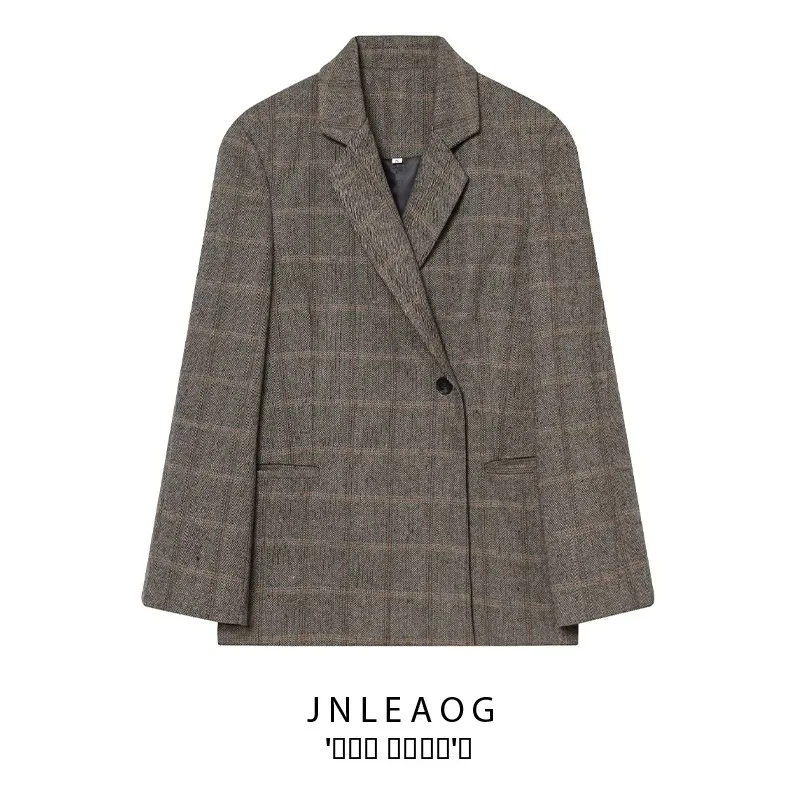 

JNLEAOG Faionable Large Plaid Woolen Women's Suit Jaet Autumn New Sle Versatile Design Long Sve Busin Wear