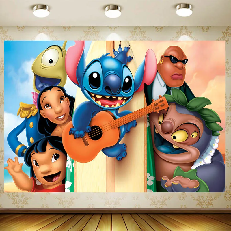 Disney Lilo & Stitch Background Happy Birthday Party Supplies Baby Shower Tapestry Banner Tablecloth Wed Decor Home Garden