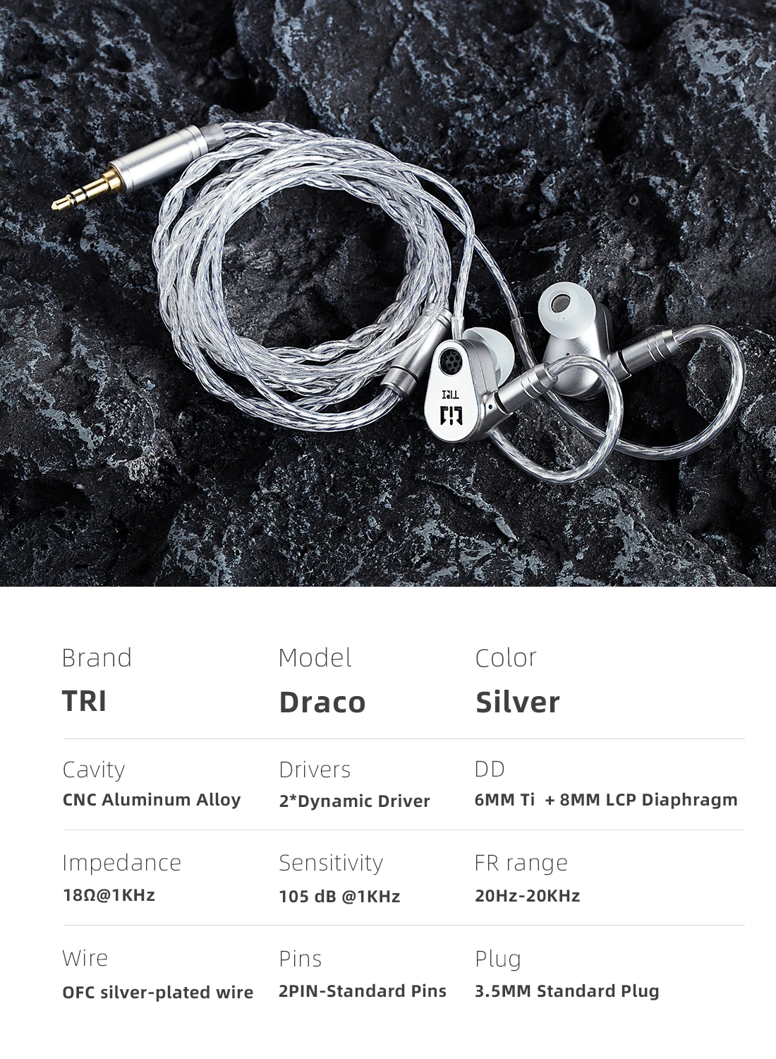 سماعات أذن TRI DRACO IEMS مزدوجة ديناميكية للسائق داخل الأذن سماعات رأس سلكية مع كابل مطلي بالفضة HIFI سماعة ألعاب رياضية