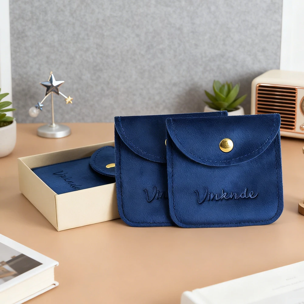 

100Pcs/Lot Custom Logo Wholesale Velvet Jewelry Packaging Pouches Bag Personalization Navy Jewelry Snap Pouch for Rings Earrings